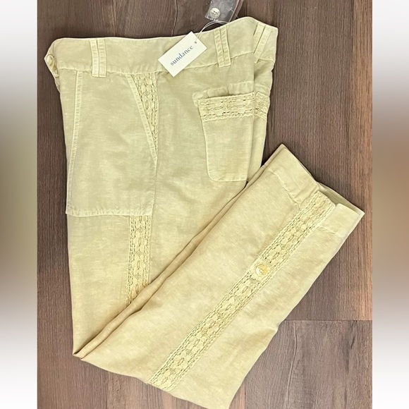 Sundance Organia Linen Cotton Blend Pants Women’s Sz 8  Sand Lace Roll Hem Boho - Picture 2 of 10